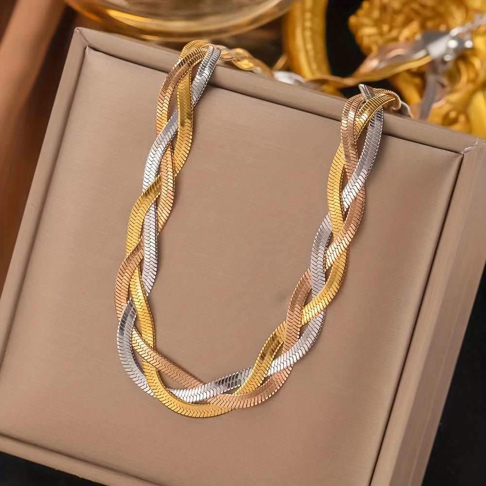 Parure 2 pièces collier et bracelet en acier inoxydable doré pour femme – Design tressé tricolore plaqué or, style rétro minimaliste français pour le quotidien, le travail, les vacances et les soirées