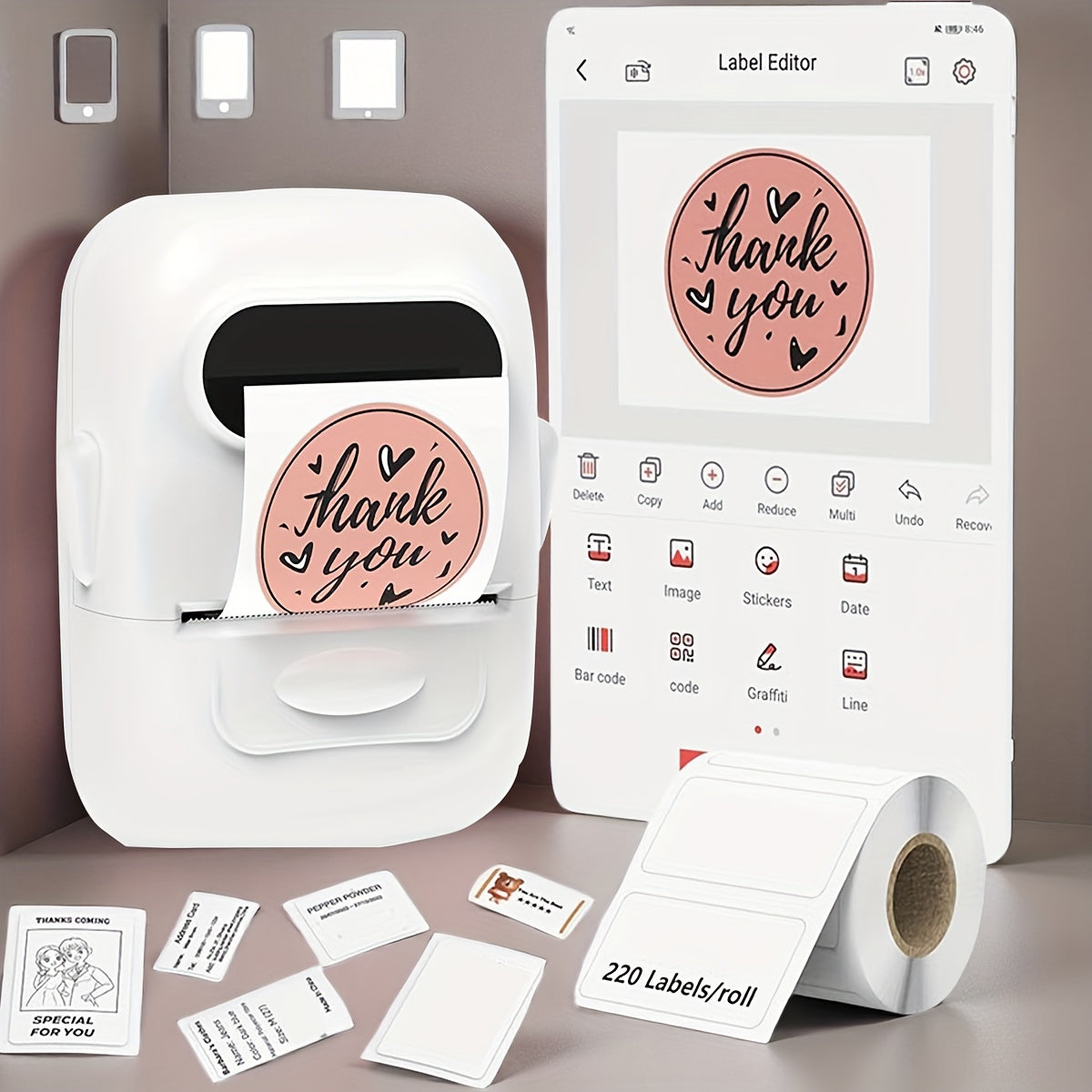 Étiqueteuse thermique sans fil – Aucune encre requise, modèles multiples, imprimante d'étiquettes Bluetooth pour l'organisation du rangement, fournitures de bureau, d'école et de maison, rose, blanc, bleu