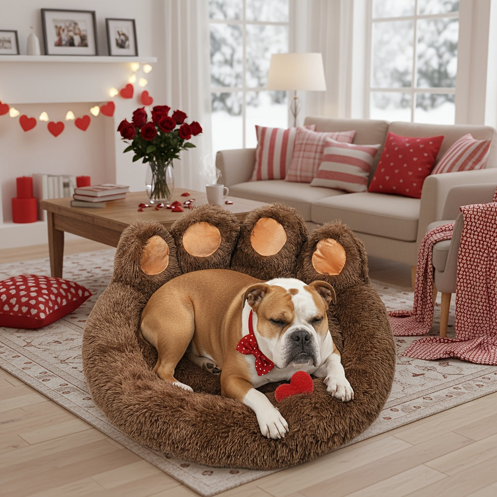 Lit pour chien et chat en forme de patte d'ours – Coussin rond apaisant, chaud et doux en peluche pour animal de compagnie avec foulard bonus, S M L XL 2XL Café Rose Gris Marron pour chiens et chats de petite, moyenne et grande taille