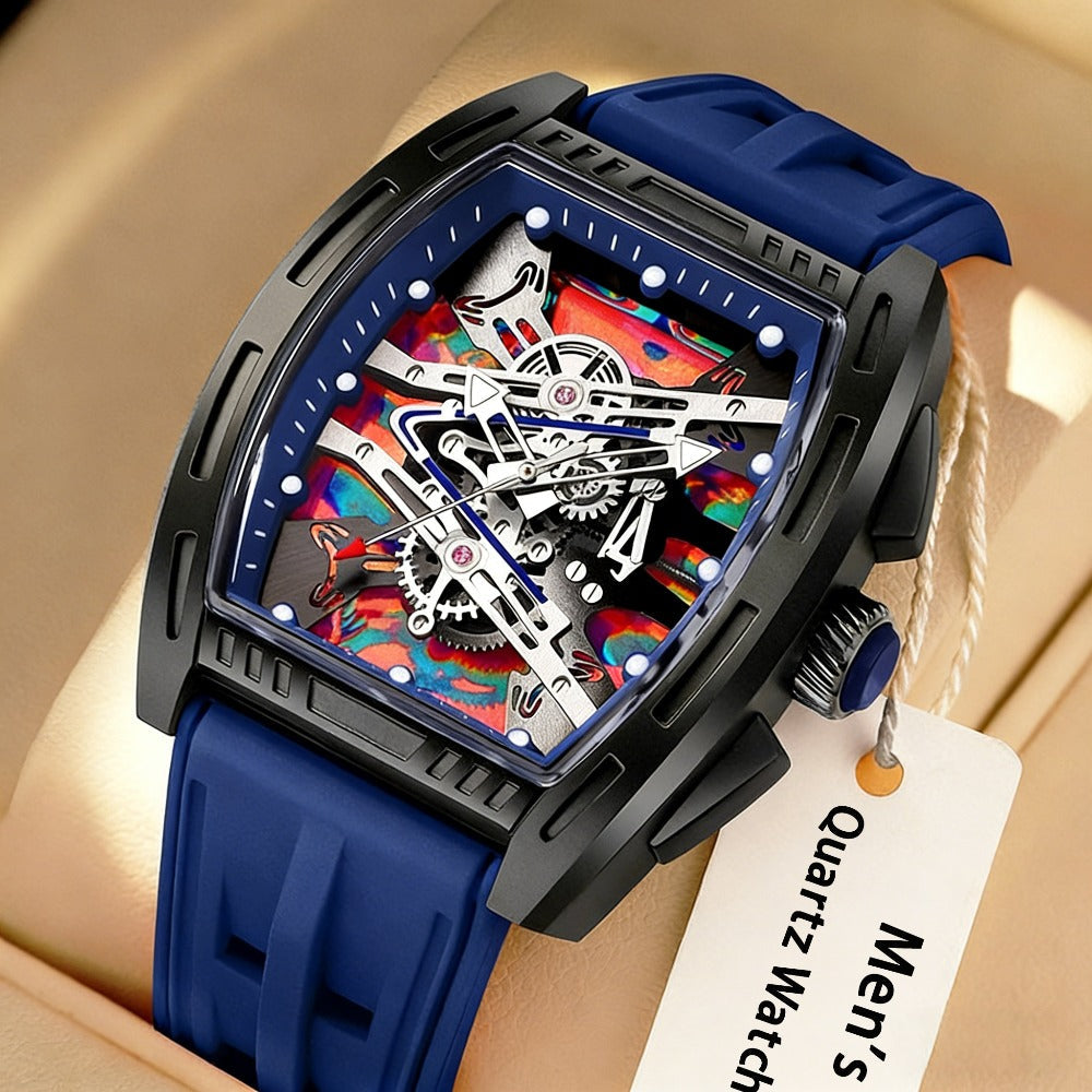 Montre quartz pour homme forme tonneau – Style rétro vintage, bracelet en silicone, montre élégante pour le travail, montre analogique de luxe pour homme disponible en 5 couleurs (blanc, noir, rouge, bleu, vert), cadeau d'anniversaire ou de fête pour lui