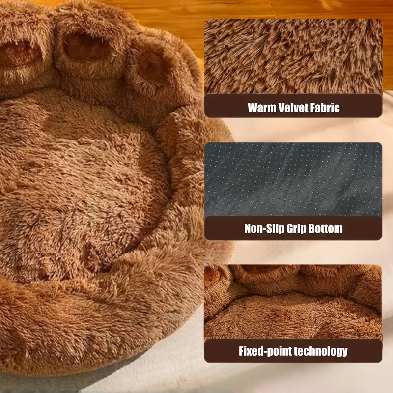 Panier rond pour chien et chat motif patte d’ours – Lit apaisant et doux pour animal de compagnie, antidérapant, chaud et confortable, petit, moyen, grand modèle, 50/60/70/90 cm, café/rose/gris