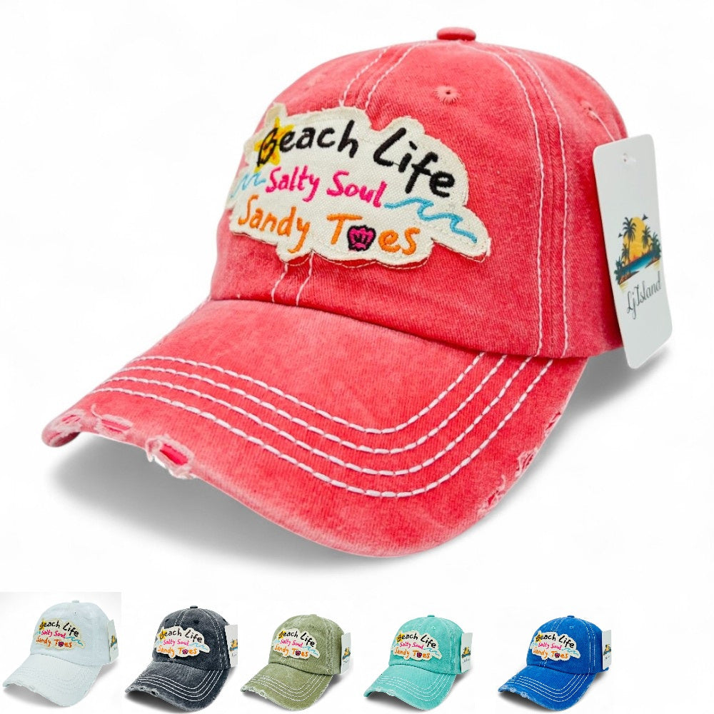 Casquette de baseball brodée, style vintage effet usé, motif « Beach Life Salty Soul Sandy Toes » – Design d'artiste local, 100 % coton, protection UV, réglable, chapeau de soleil côtier, cadeau pour amoureux de la plage
