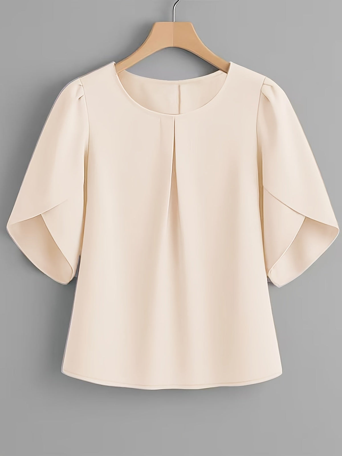 Chemisier femme à manches courtes, col rond, poignets à volants et plis sur la poitrine – Haut élégant en tissu 100 % polyester, semi-transparent, avec manches fendues