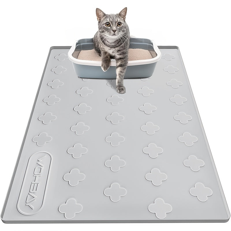 Tapis de litière pour chat en silicone XXL 3-en-1 – Protection de sol lavable et antidérapante avec bords surélevés, retient la litière, les croquettes et les miettes, tapis d'alimentation pliable pour chats, 86 x 56 cm, gris clair et gris foncé