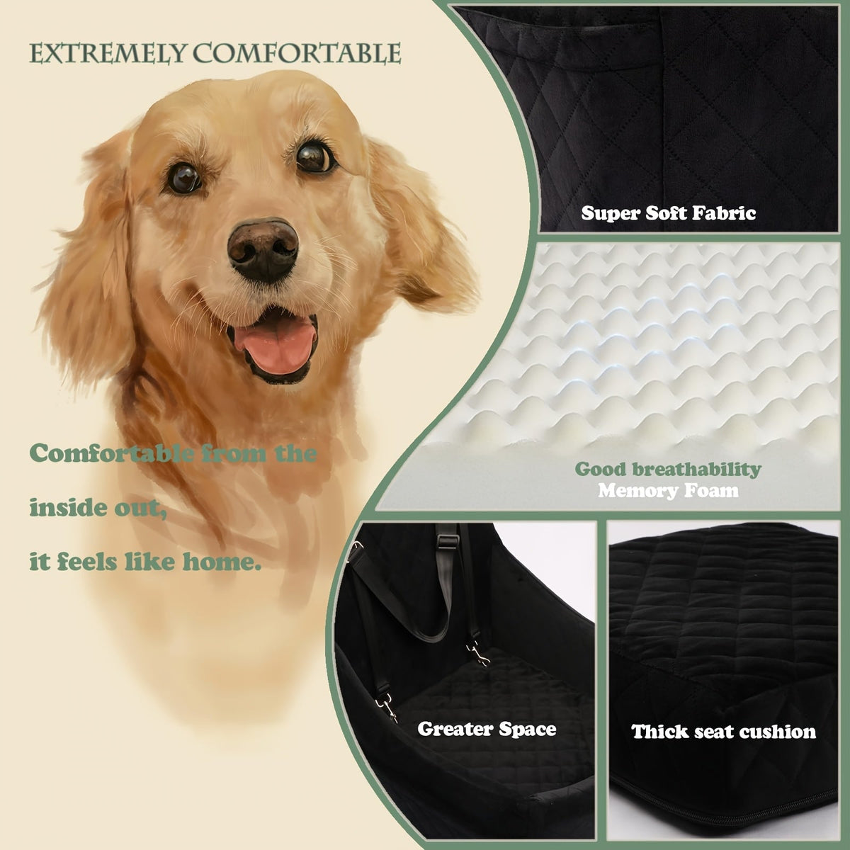 Siège auto pour chiens de taille moyenne à grande – Panier de voyage lavable en mousse à mémoire de forme pour animaux avec passage pour ceinture de sécurité, sangles réglables et installation en 3 points, Gris Noir Marron Tout Noir Noir Gris