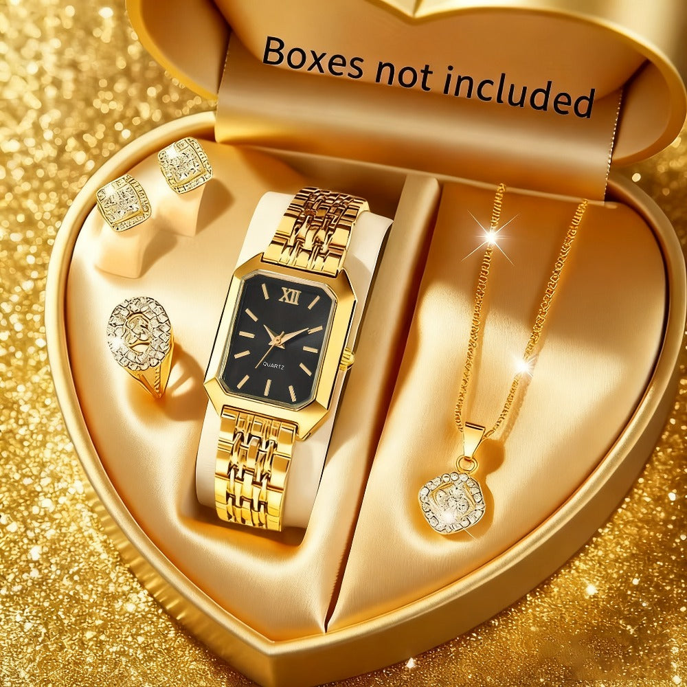 Ensemble montre à quartz et bijoux 5 pièces doré pour femme – Montre à cadran carré avec collier, boucles d'oreilles et bague assortis, ensemble cadeau élégant pour fêtes, mariages et occasions spéciales, 3 couleurs