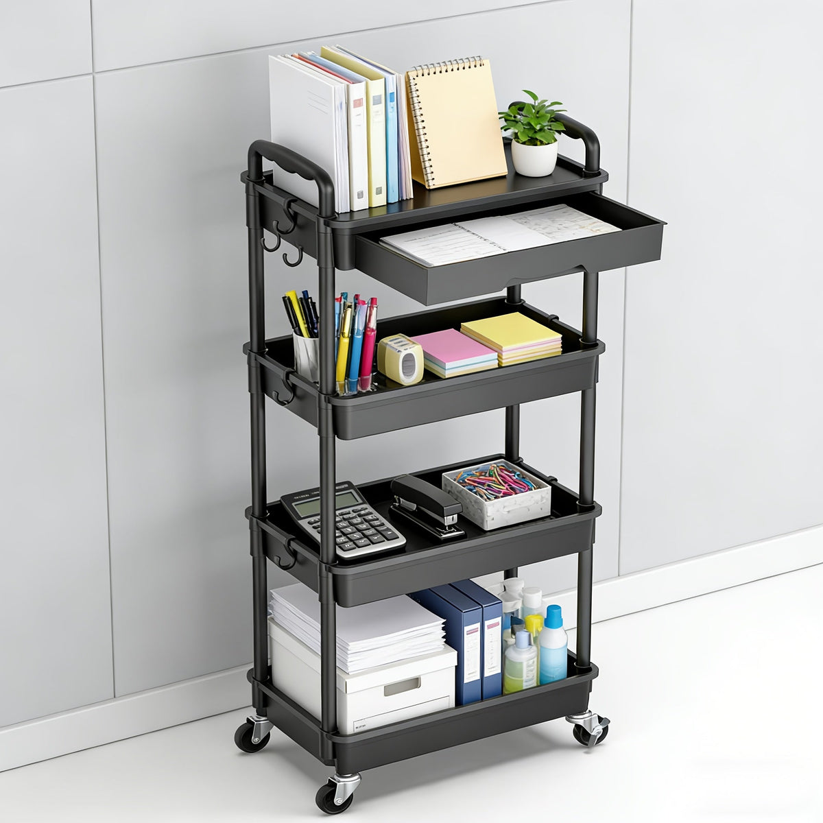 Desserte de rangement à roulettes 3 et 4 niveaux avec tiroir et roues verrouillables – Étagère de rangement multifonctionnelle en plastique pour cuisine, salle de bain, salon, bureau – 7 couleurs