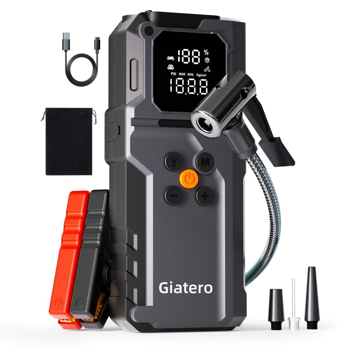 Démarreur de voiture portable 12 V avec compresseur d'air intégré – Booster de batterie d'urgence pour moteurs essence (14 L) et diesel (12 L), camions et voitures, alimentation de secours pour démarrage