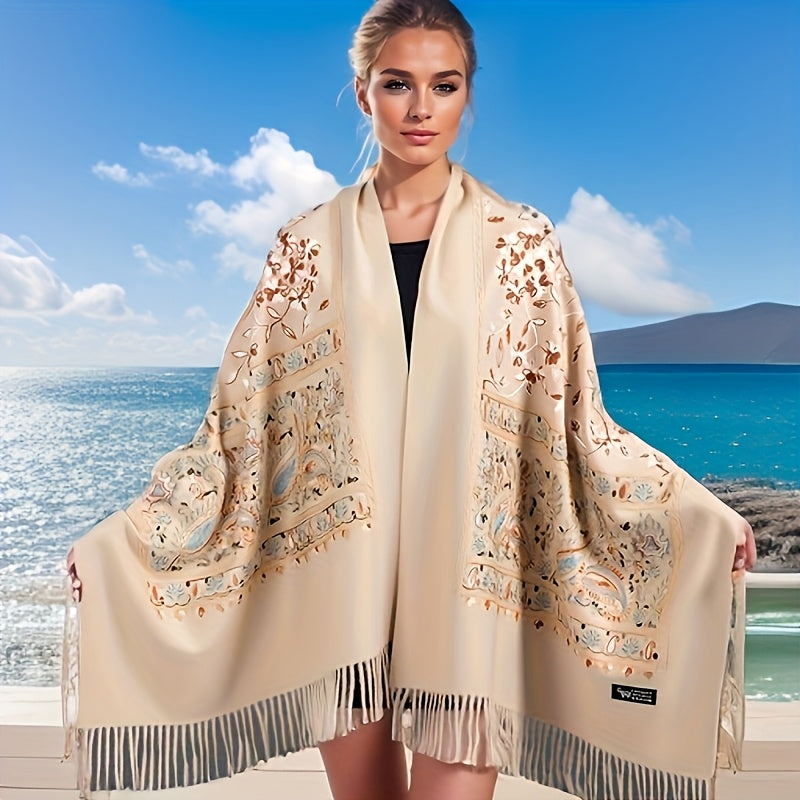 Châle en cachemire bohème pour femme – Broderie cachemire vintage avec pompons, étole légère et chaude pour le printemps et l'automne, 6 couleurs, lavable à la main, pour tenues décontractées et habillées