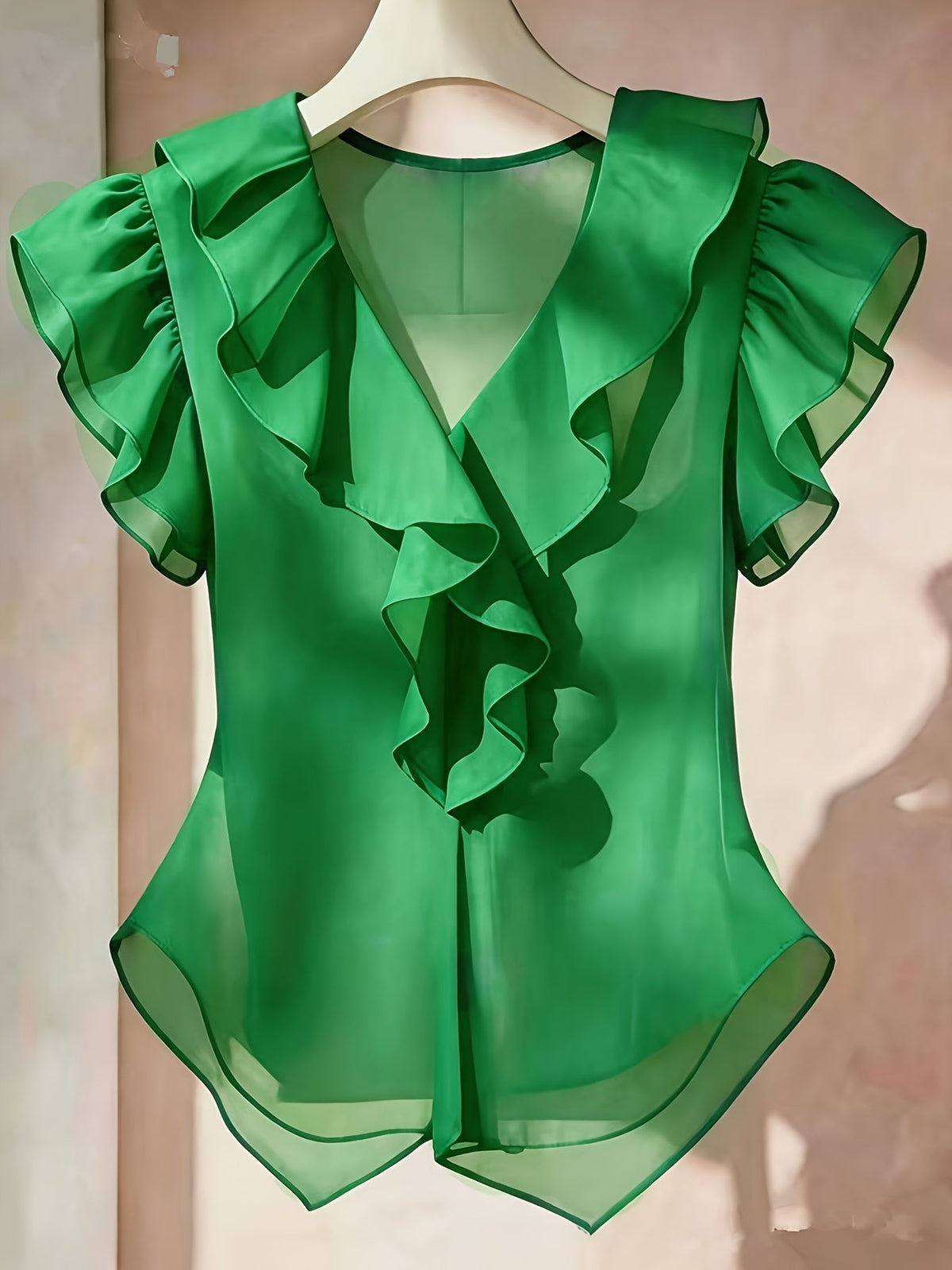 Haut femme en mousseline à manches courtes et volants – Chemisier d'été décontracté coupe évasée, couleur unie, disponible en 21 coloris, 100 % polyester tissé