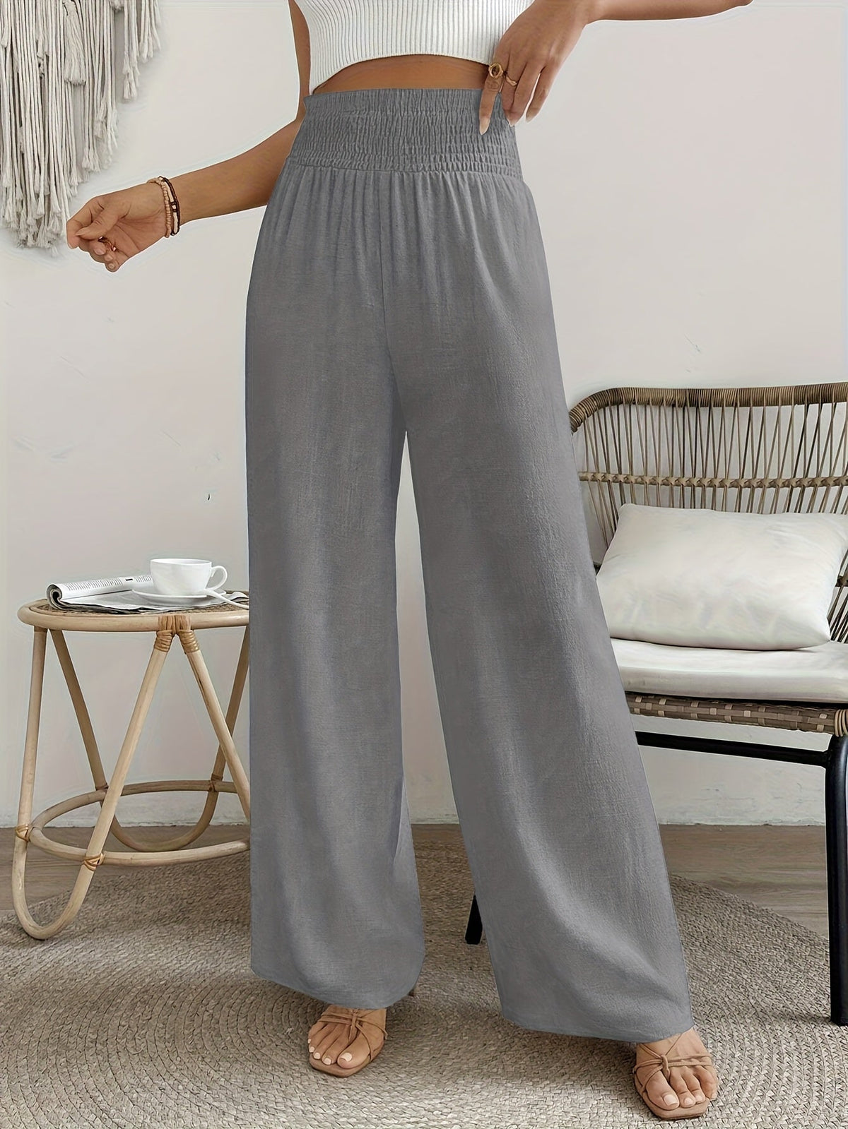 Pantalon élégant taille haute pour femme, couleur unie, matière lisse légèrement extensible - Pantalon décontracté chic, lavable en machine, idéal pour le printemps, l'été, l'automne, le bureau ou le quotidien