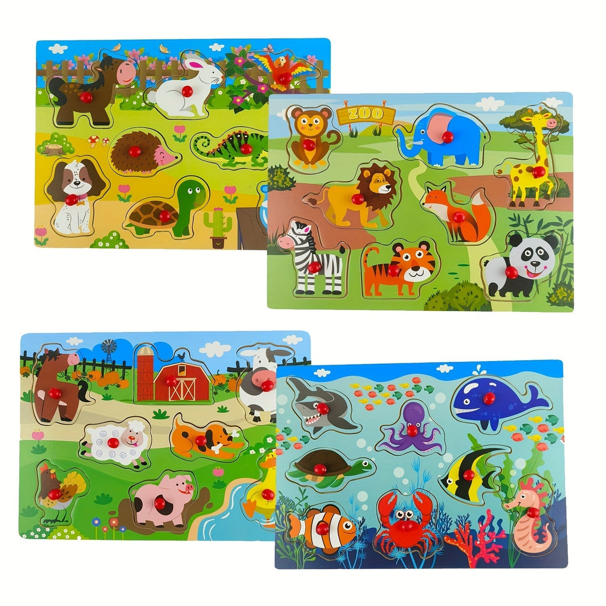 Lot de 4 puzzles à boutons en bois pour tout-petits, 32 pièces, puzzles sur le thème des animaux de la ferme et du zoo, jouet éducatif Montessori pour enfants de 1, 2, 3 ans, cadeau d'anniversaire, de Noël ou de Pâques pour filles et garçons