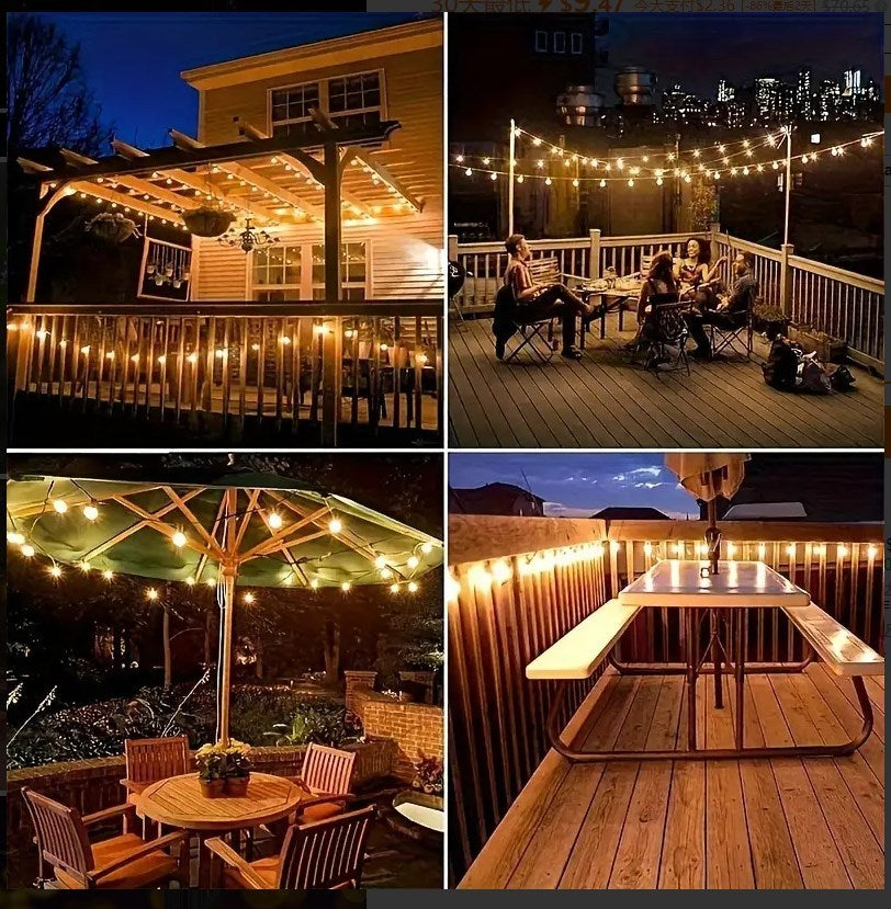 Guirlande lumineuse LED solaire étanche pour extérieur 15 m & 30 m – Ampoules ST38 incassables et intensité réglable, chargement USB-C & solaire, 4 modes, pour terrasse, jardin, piscine, mariage, camping et décoration de Noël