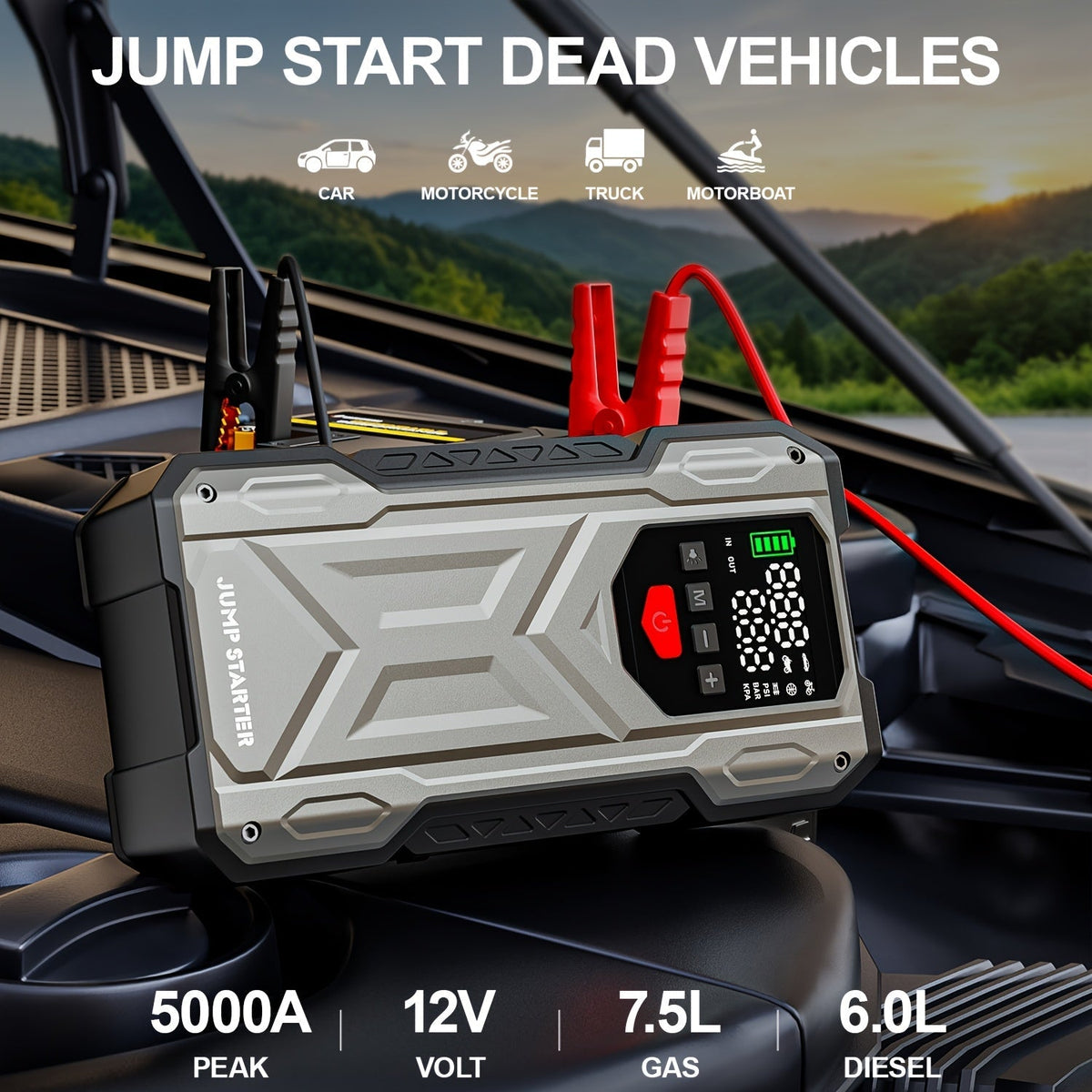 Démarreur de voiture 5000A avec compresseur d'air 150 PSI – Batterie de secours portable 12000 mAh, gonfleur de pneu numérique, USB-C et USB-A, lampe de secours LED pour moteurs essence et diesel 12V