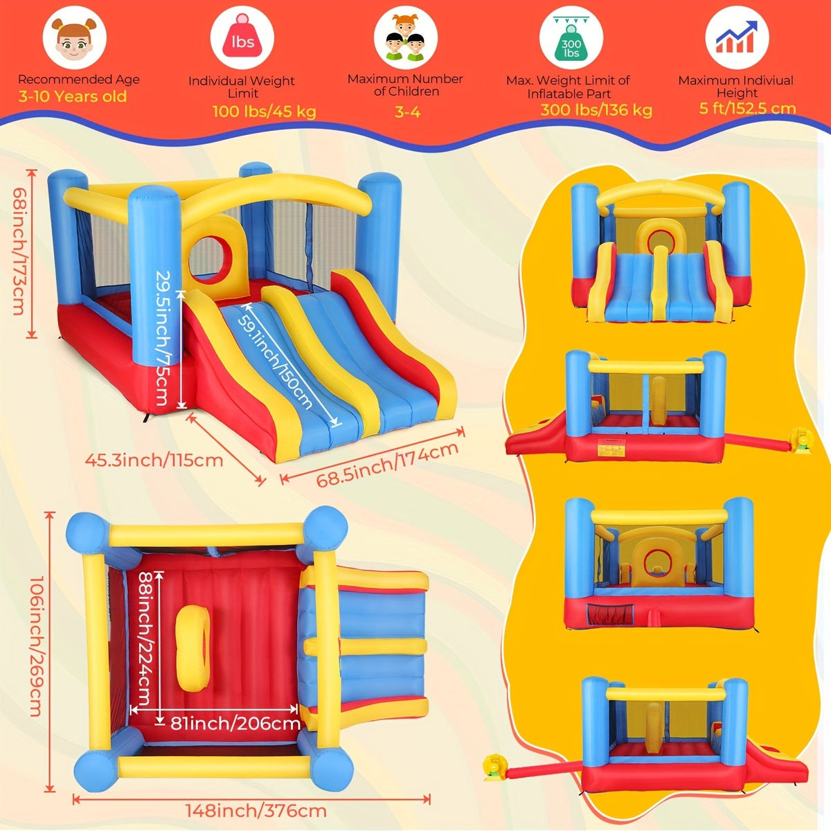 Château gonflable avec soufflerie pour enfants de 3 à 10 ans, grande structure de 3,6 x 2,7 m pour jardin avec double toboggan, parcours d'obstacles, vaste zone de saut, aire de jeu intérieure et extérieure pour fête d'anniversaire – Rouge, bleu, jaune