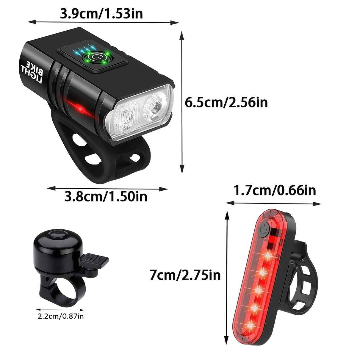 Ensemble d'éclairage de vélo rechargeable par USB ultra-lumineux – Phare avant LED 1200 mAh et feu arrière 330 mAh, 6+4 modes, faisceau large 180°, sonnette de sécurité incluse, pour vélo de route, VTT et cyclisme de nuit