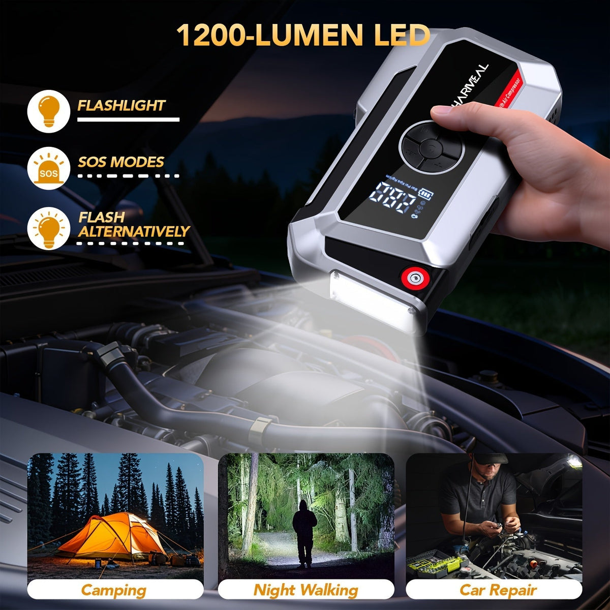 Démarreur de voiture 20000A avec compresseur d'air, batterie externe portable 18-en-1 – Pinces intelligentes, charge rapide, lampe LED, grand écran pour tous moteurs essence et diesel, booster de batterie de voiture d'urgence