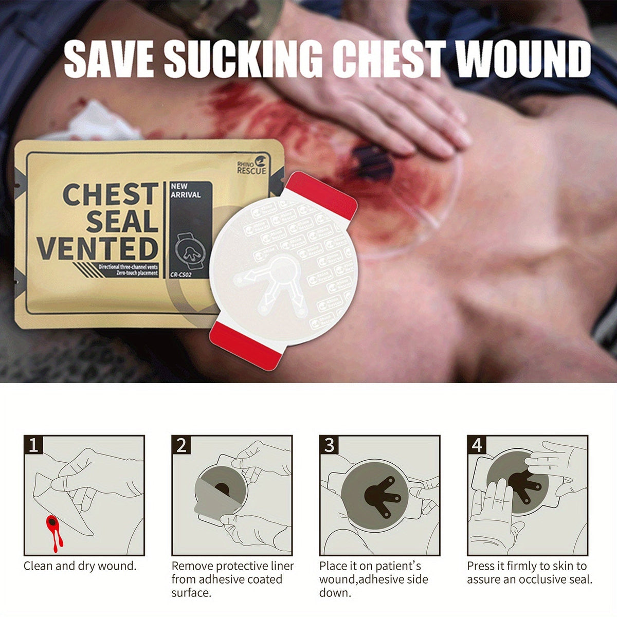 Pansement thoracique d'urgence non ventilé RHINO RESCUE – Fourniture médicale IFAK portable pour plaies thoraciques aspirantes, nylon PA, éligible FSA/HSA, jaune
