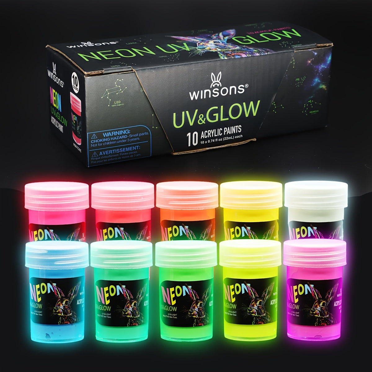 Ensemble de peinture phosphorescente 10 couleurs 22 ml, peinture acrylique néon UV 2-en-1, rechargeable à la lumière et activée par UV, pour peinture sur pierre, toile, travaux manuels, décoration de fête, cadeau de Noël