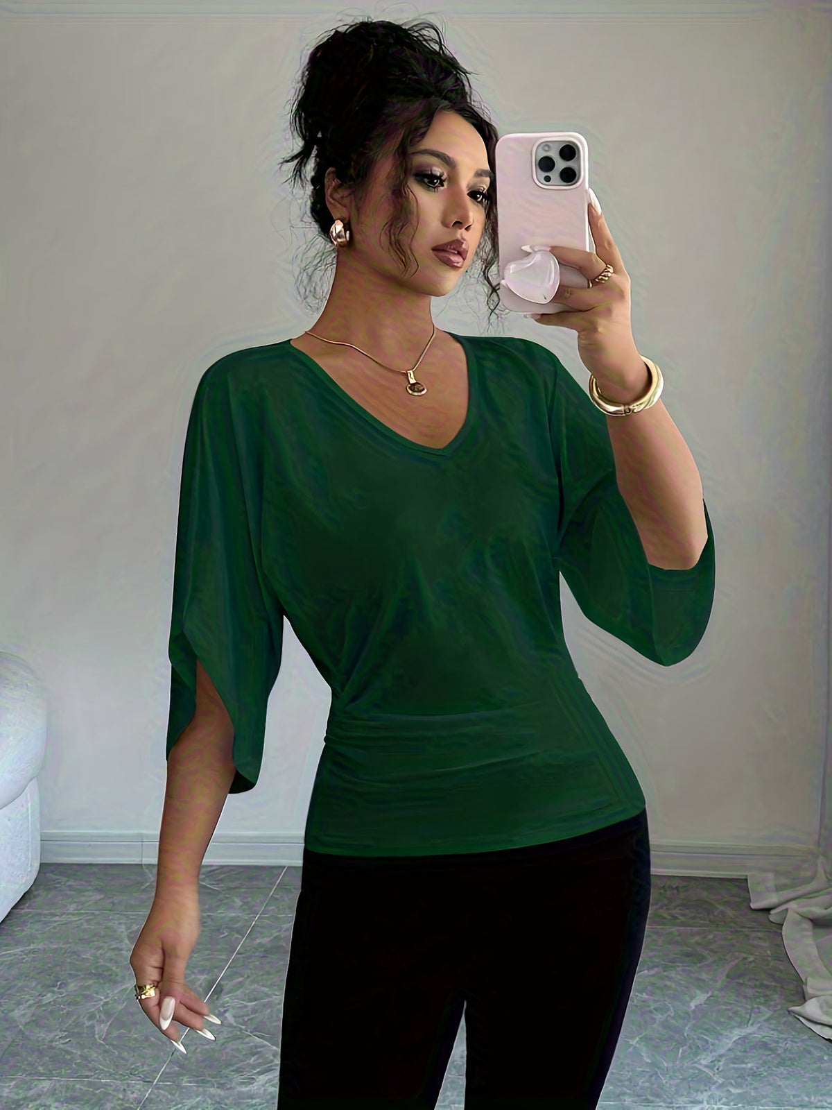 Haut en maille à col en V et manches chauve-souris pour femme - T-shirt chemisier décontracté à coupe ample, manches trois-quarts et taille haute pour le printemps, l'été et l'automne, pull mi-long polyvalent, blanc noir, tailles XS-XL