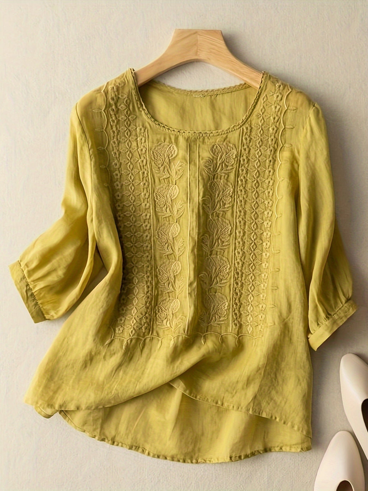 T-shirt décontracté pour femme à fleurs brodées, manches courtes, col rond, coton doux, 4 couleurs blanc vert jaune kaki, S-XXL