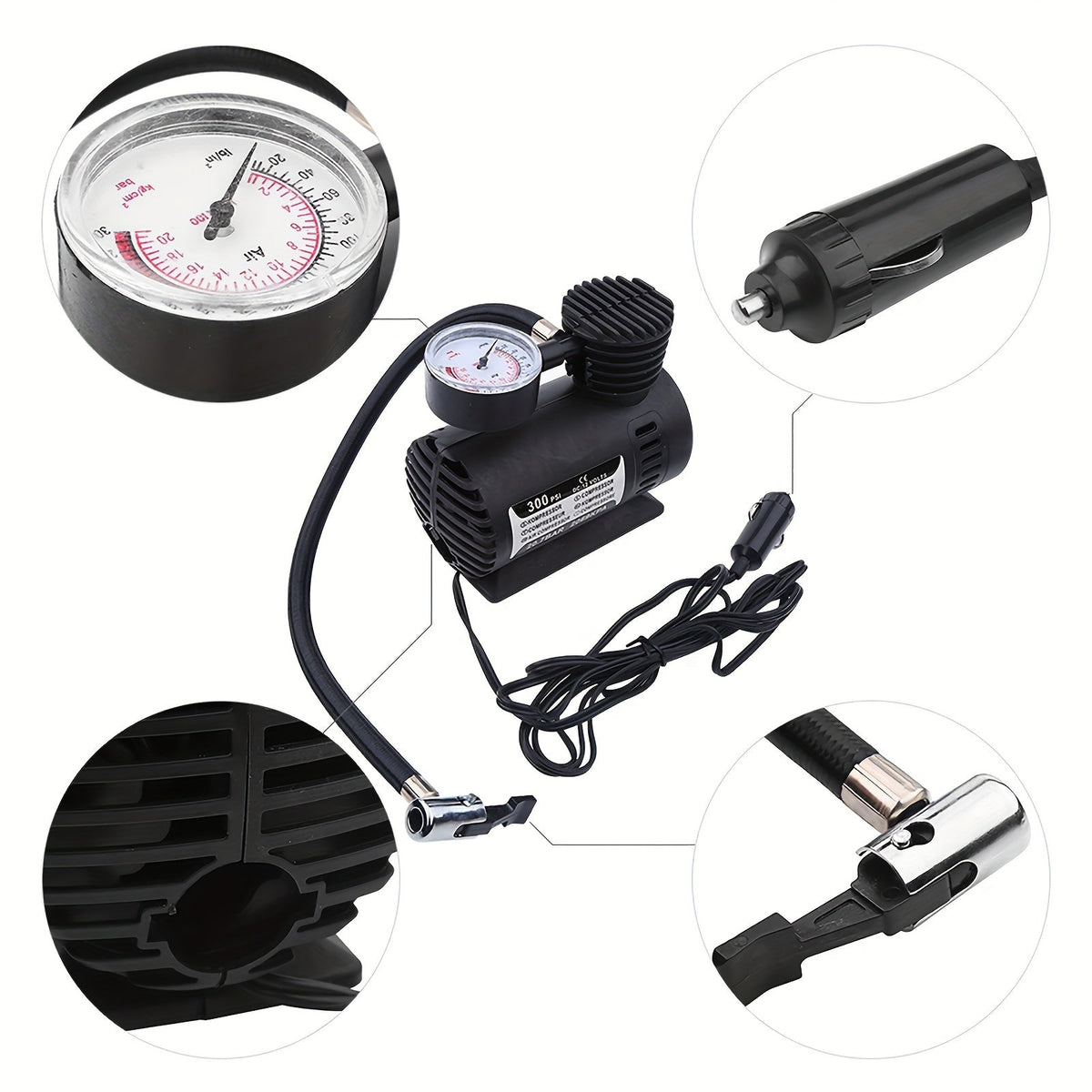 Compresseur d'air compact 12V 300 PSI – Gonfleur de pneus portable pour voitures, vélos, motos et ballons, se branche sur l'allume-cigare, sans batterie nécessaire | Velora