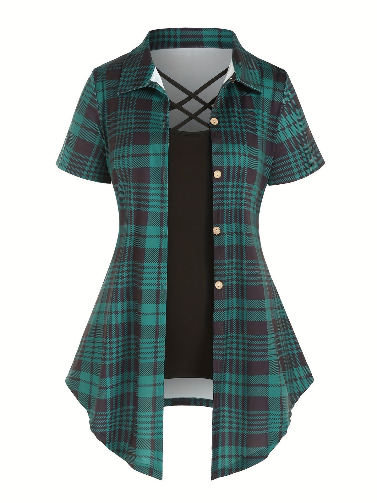 Women's Two-Piece Set Plaid Button Front Shirt & Solid Cami Top β Casual Summer Matching Outfit Set for Women S M L XL XXL Purple Milky Green