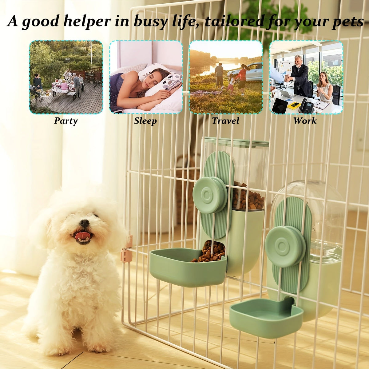 Ensemble distributeur de nourriture et d'eau suspendu pour animaux 1L - Distributeur automatique par gravité pour chats, chiens, lapins, chinchillas, furets et hérissons - Station de nourrissage sans pile à fixer à la cage (vert)