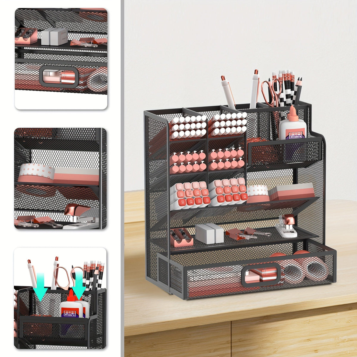 Organisateur de bureau en maille avec tiroir et porte-stylo – Rangement pour crayons pour bureau, école et atelier d'art, design en maille respirante, disponible en noir, jaune et bleu