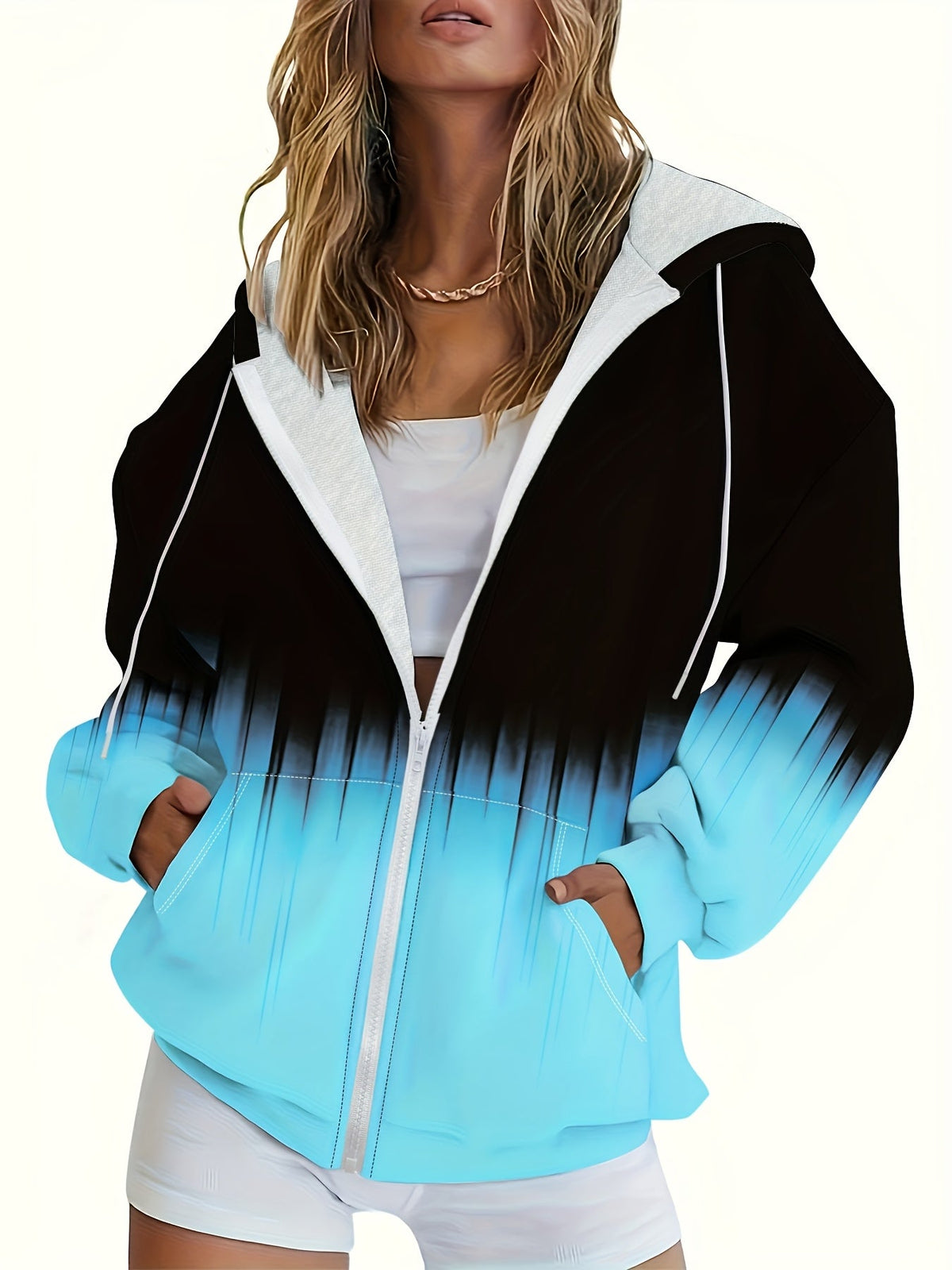 Sweat-shirt à capuche zippé pour femme, imprimé color-block, coupe ample et décontractée, haut en maille idéal pour la superposition, 100 % polyester, extensibilité moyenne, printemps, été, automne, S M L XL XXL