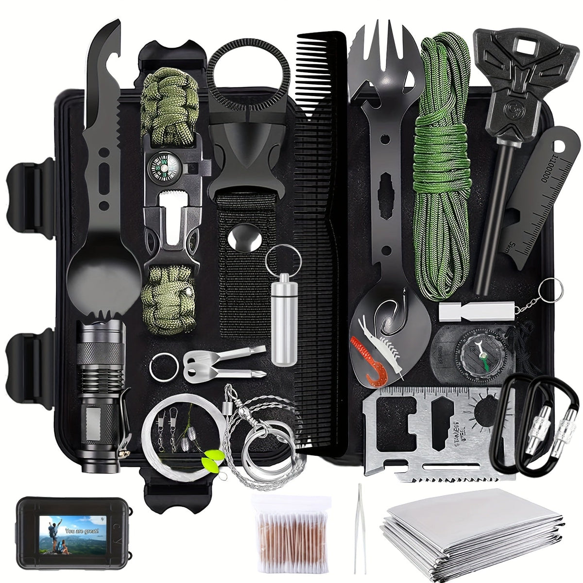Kit de survie professionnel de 14, 152 ou 258 pièces – Équipement de survie d'urgence en plein air avec allume-feu, boussole et outil multifonction pour le camping, la randonnée et l'aventure, le meilleur cadeau pour hommes et femmes
