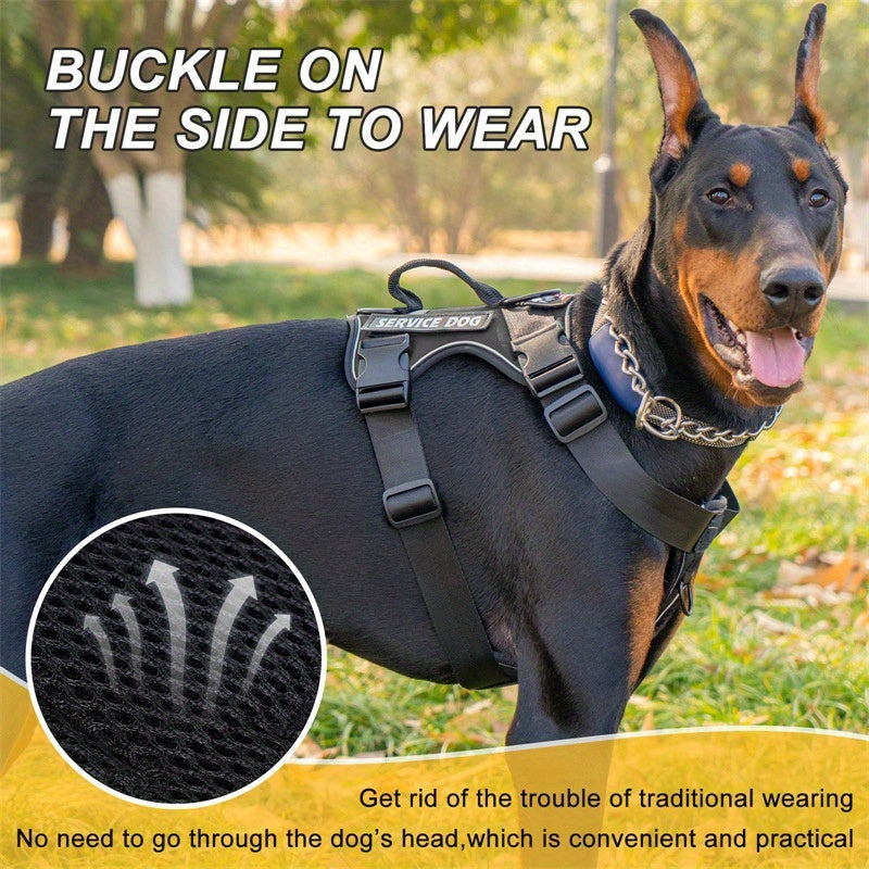 Harnais anti-traction pour chien avec gilet réfléchissant et 5 écussons – Harnais de service réglable en maille Oxford souple, avec attaches avant et arrière pour chiens de petite, moyenne et grande taille, de XS à XL