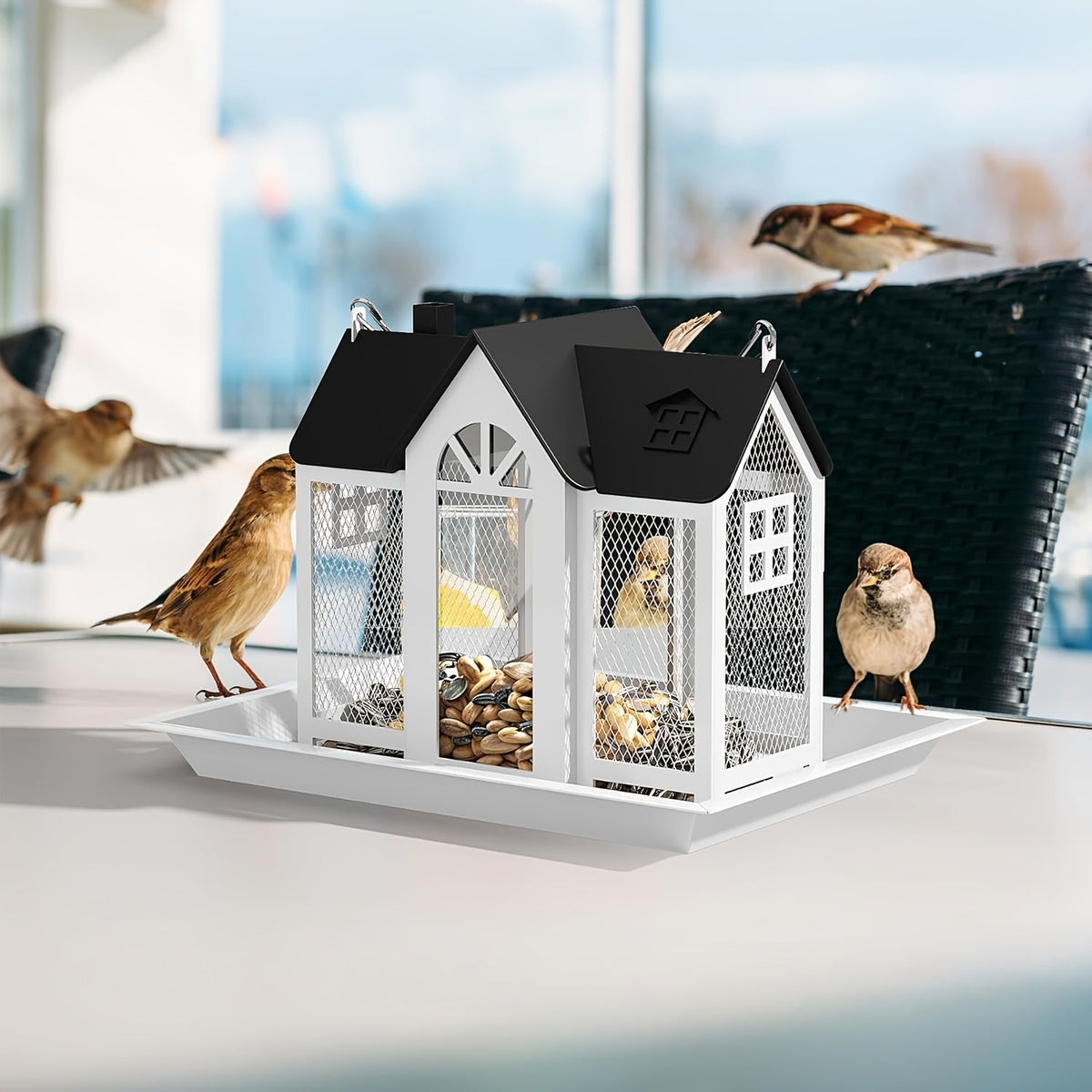Mangeoire à oiseaux sauvage résistante aux écureuils pour extérieur – Mangeoire suspendue à grande capacité en maille métallique à 3 compartiments, résistante aux intempéries, pour cardinaux, pinsons et oiseaux de jardin, plusieurs couleurs
