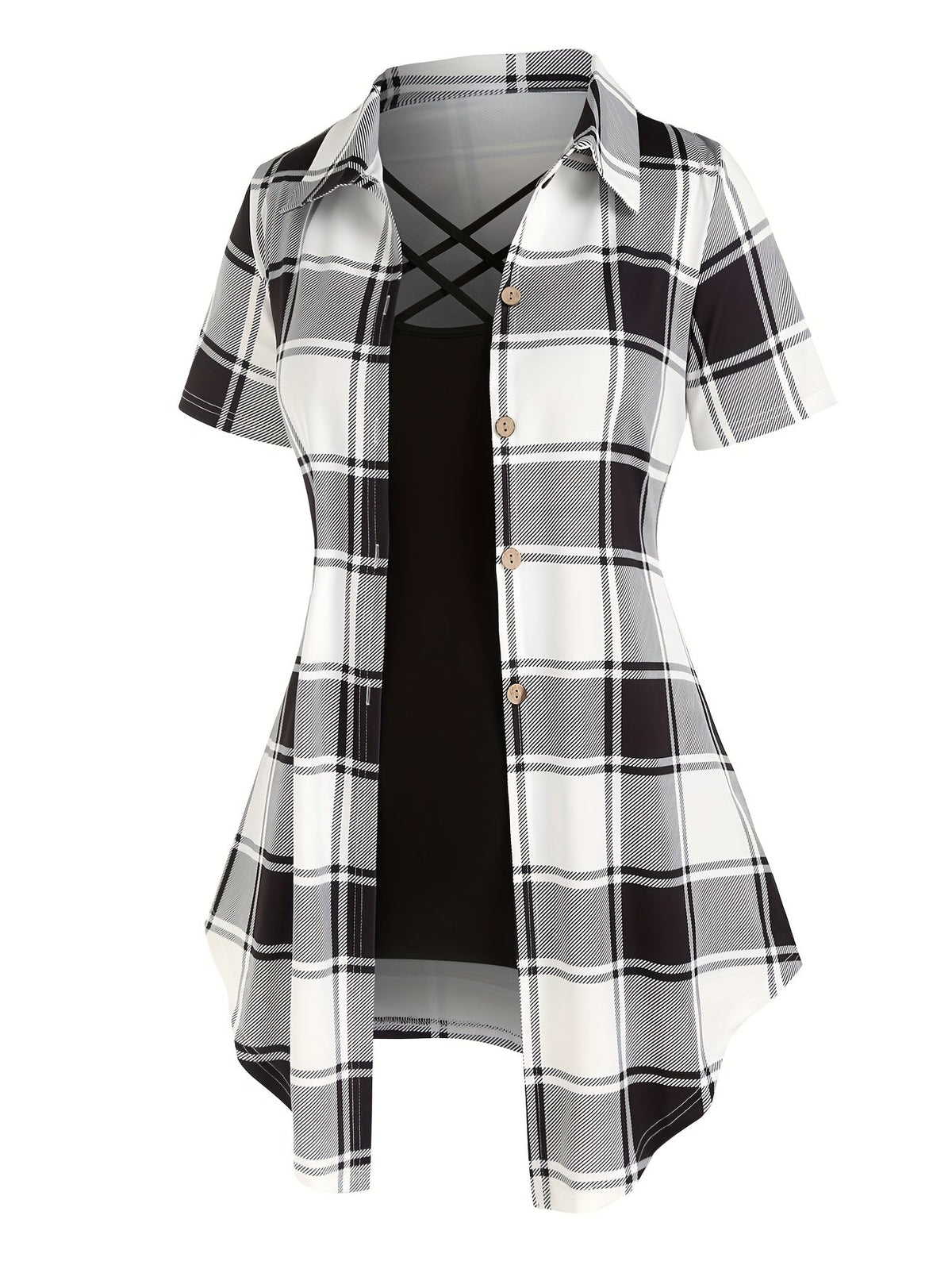Women's Two-Piece Set Plaid Button Front Shirt & Solid Cami Top β Casual Summer Matching Outfit Set for Women S M L XL XXL Purple Milky Green