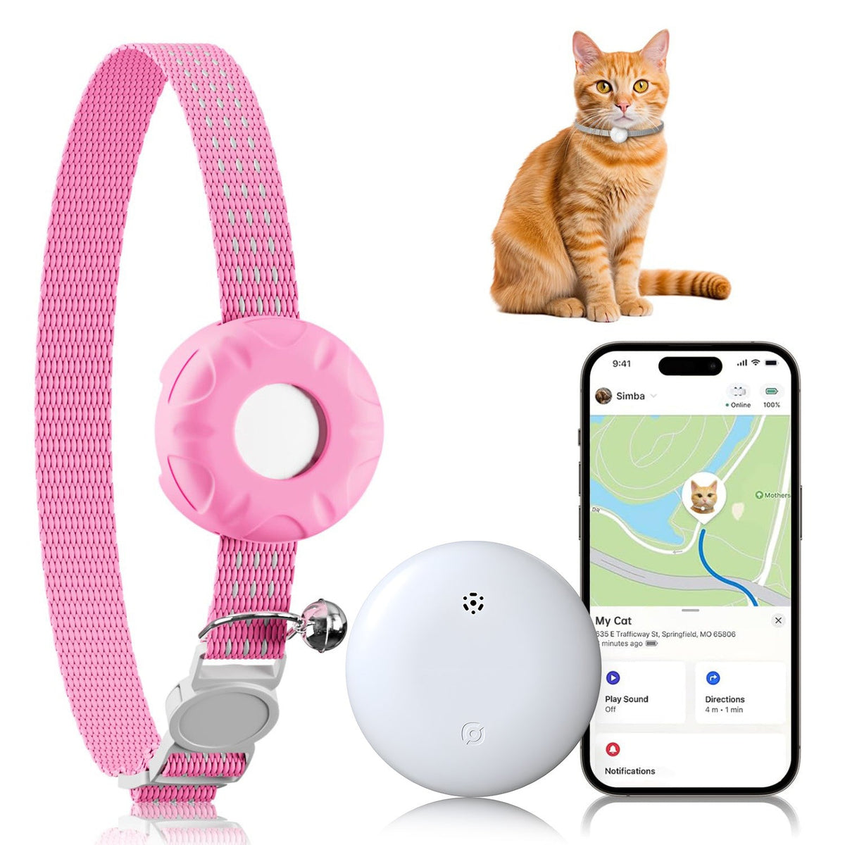 Traceur GPS léger pour chats – Compatible avec Apple Localiser et Localiser mon appareil Android, localisation en temps réel, sans frais mensuels, alertes de zones intelligentes, dispositif de suivi anti-perte pour collier de chat