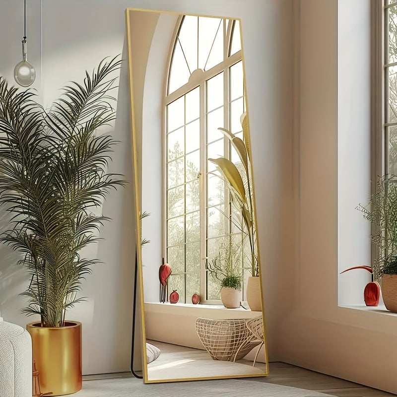 Miroir sur pied pleine longueur avec lumières LED - Sommet arqué et rectangulaire, cadre en aluminium, miroir habillage sur pied de 180 cm pour chambre et salon, noir or blanc, verre trempé de 5 mm