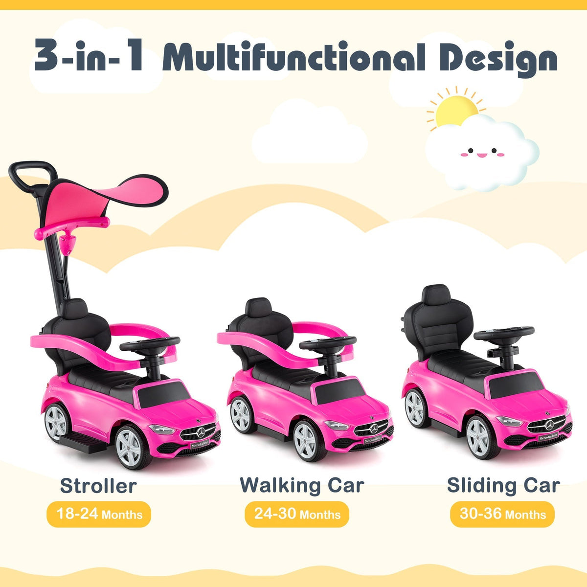 Voiture porteur 3-en-1 sous licence Mercedes-Benz pour tout-petits de 18 à 36 mois, voiture coulissante pour enfants avec volant sonore, barre de poussée, auvent réglable et rangement sous le siège - Cadeau de poussette trotteur rose