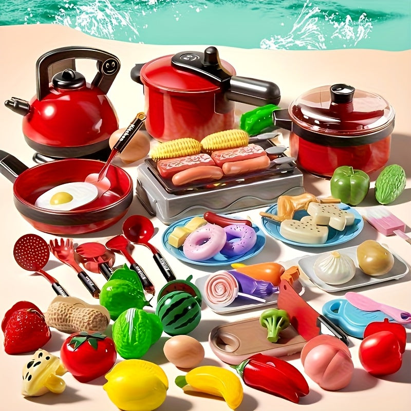 Ensemble de cuisine jouet 47 pièces, jeu d'imitation petit chef avec fruits, aliments et ustensiles réalistes, favorise l'imagination, la dextérité manuelle et l'apprentissage interactif, cadeau pour enfants