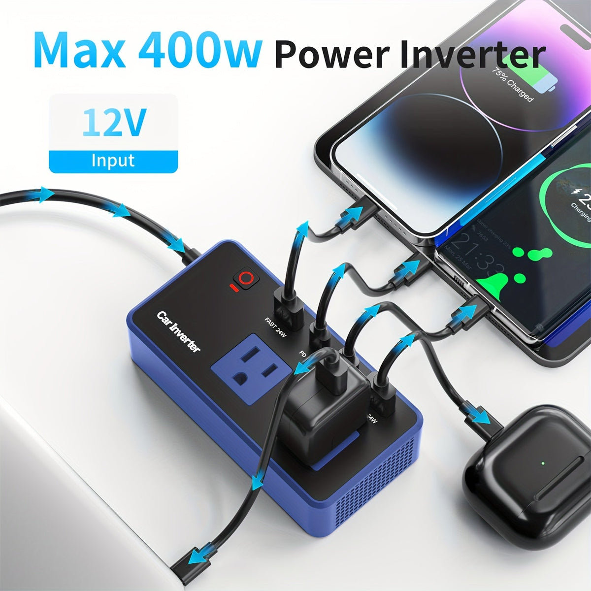 Convertisseur de courant voiture 200W 12V vers 110V CA – Charge rapide USB-C PD 24W, double port USB QC3.0, adaptateur de chargeur voiture multi-protection pour ordinateur portable, téléphone, voyage et route
