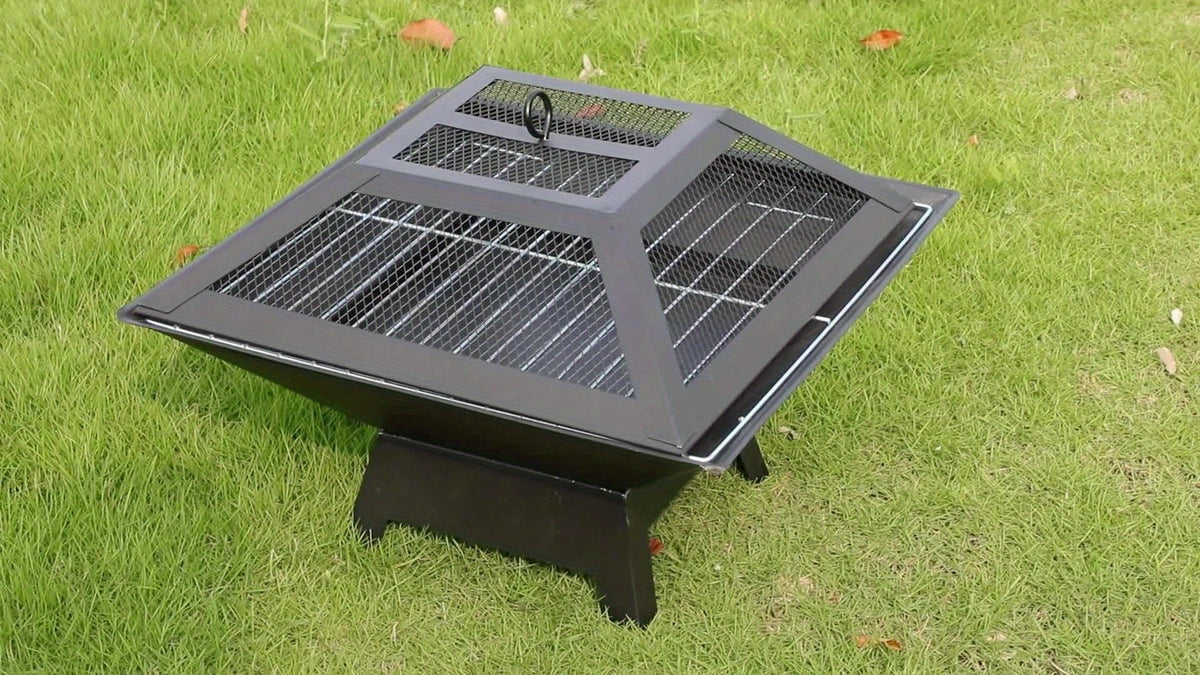 Brasero d'extérieur de 18,5 pouces, foyer robuste à bois avec grille de barbecue, cendrier, couvercle ignifuge et tisonnier – Chauffage de terrasse pour camping, pique-niques et réunions