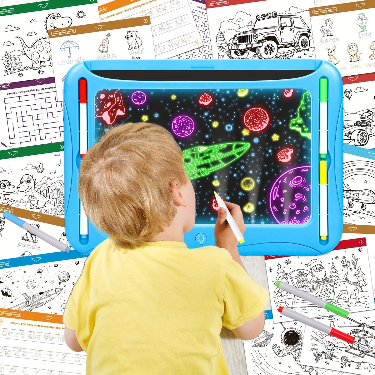 Tablette à dessin lumineuse LED pour enfants de 3 à 8 ans – Kit d’art phosphorescent avec 9 cartes recto-verso et 6 marqueurs, jouet éducatif de voyage, cadeau d'anniversaire et de Noël pour filles et garçons