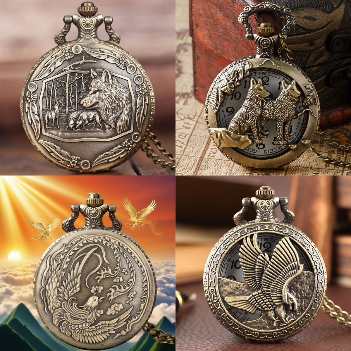 Ensemble de 2 montres de poche en bronze vintage – Mouvement à quartz, cadran rond classique, boîtier en alliage de zinc, bracelet sans nickel, style ancien – Cadeau idéal pour Noël, un anniversaire, une remise de diplôme ou la Saint-Valentin