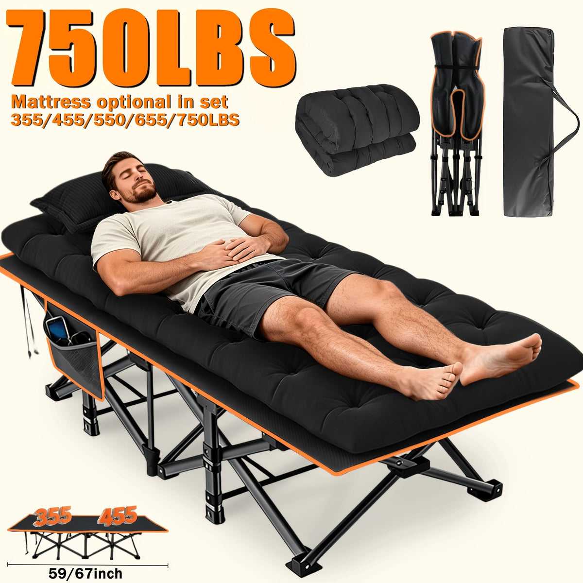 Lit pliant extra-large avec matelas – Lit de camp robuste de 170/190 cm, capacité de 340 kg, lit d'appoint pliable et portable pour adultes, voyage, camping, gris et noir