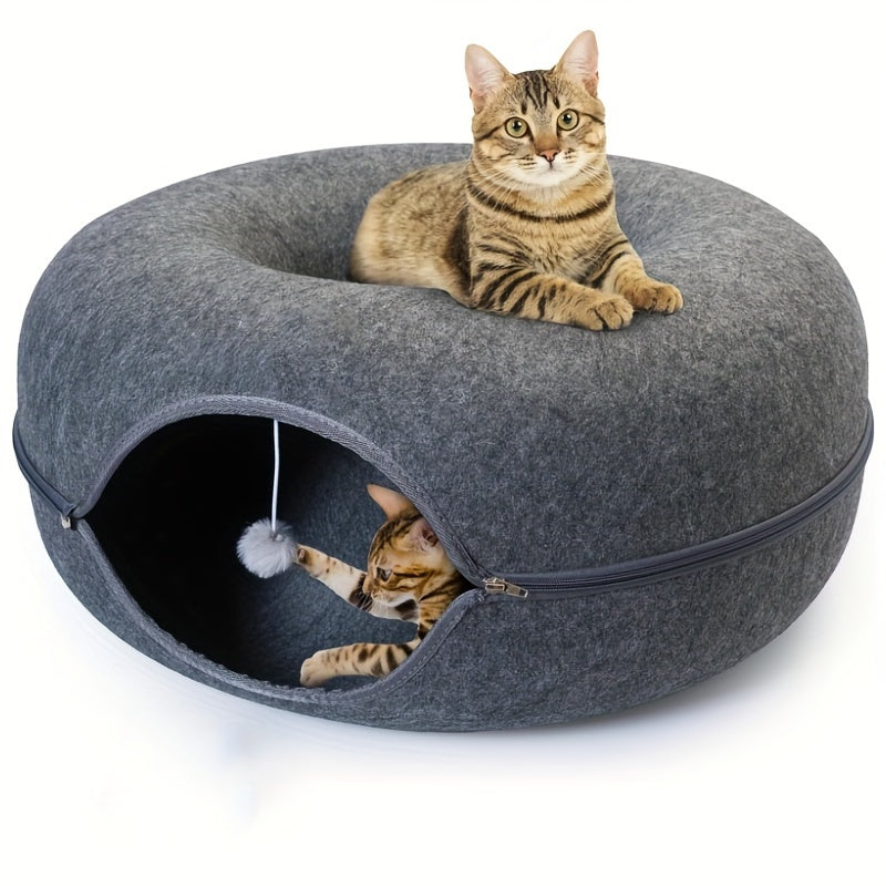 Lit tunnel pour chat, cachette d'intérieur - Tunnel pour chat en forme de beignet, pliable et utilisable en toute saison, avec ouverture pour chats d'intérieur, peluche douce, gris foncé et gris clair, disponible en 50 et 60 cm, cadeau idéal pour chat