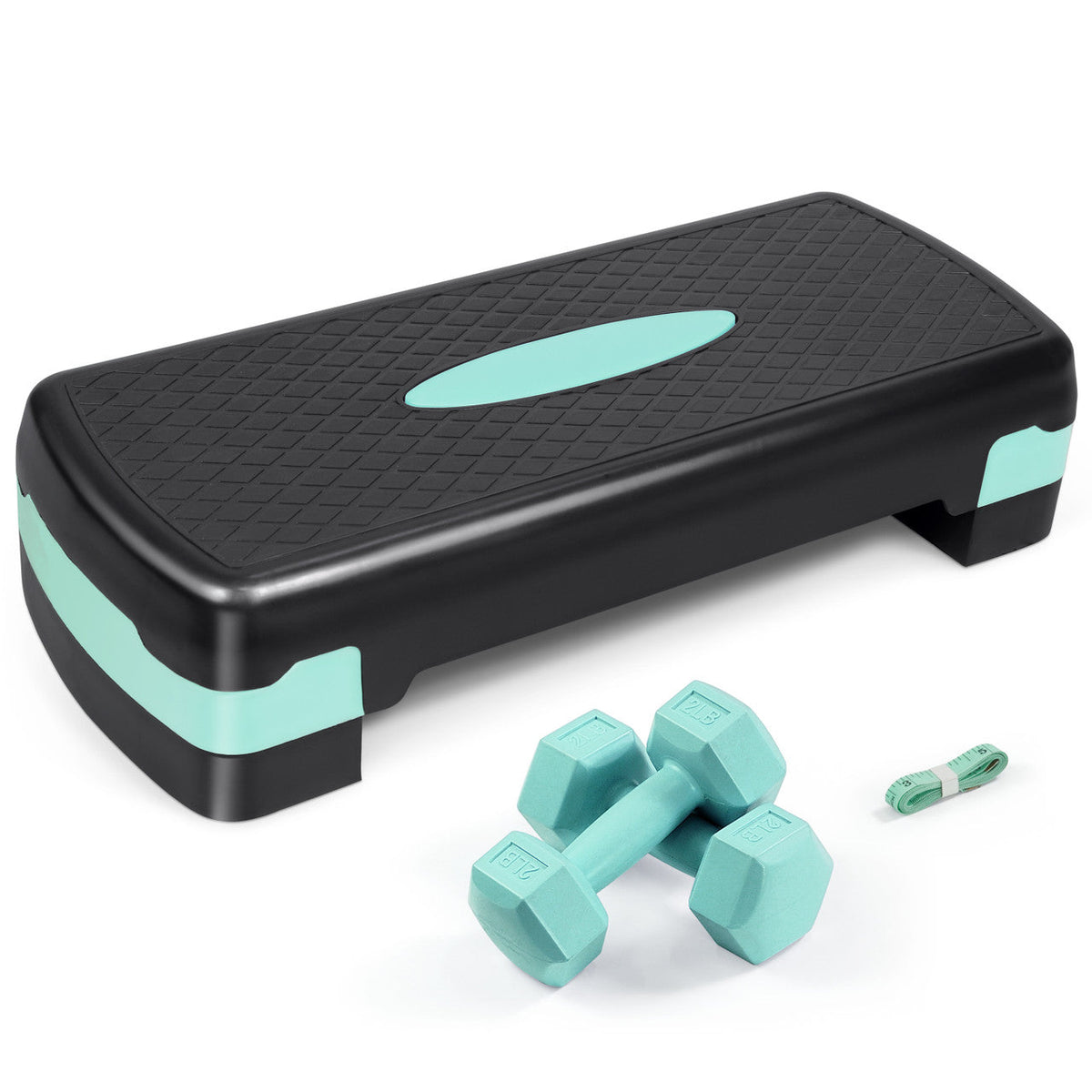 Ensemble de stepper d'aérobic à hauteur réglable avec 2 haltères et ruban à mesurer, plateforme d'exercice antidérapante avec rehausseurs, capacité de 550 lb, équipement de gym à domicile – 3 couleurs