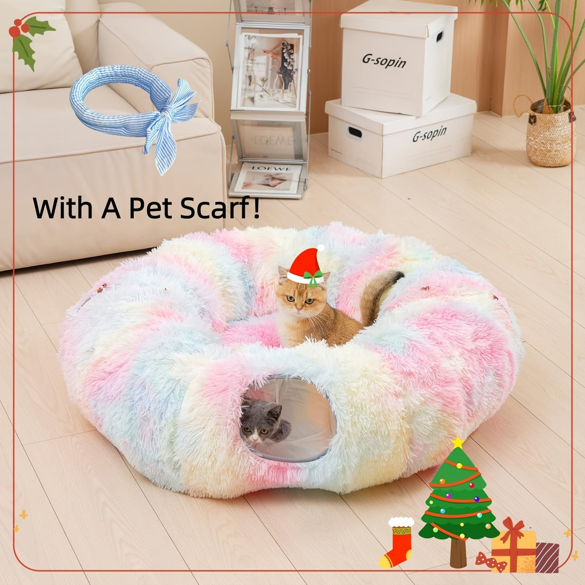 Tunnel pour chat avec lit et trou d'observation – Jouet d'intérieur en peluche douce, cachette multifonctionnelle et parc d'attractions pour chats, chatons et lapins, inclut un foulard pour animal de compagnie, tailles petit, moyen et grand