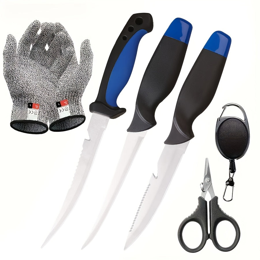 Ensemble de 3 couteaux de pêche avec lames en acier inoxydable, couteaux à fileter, désosser et vider avec gants résistants aux coupures, coupe-fil de pêche et cordon – Cadeau de pêche unique pour pêcheurs et campeurs