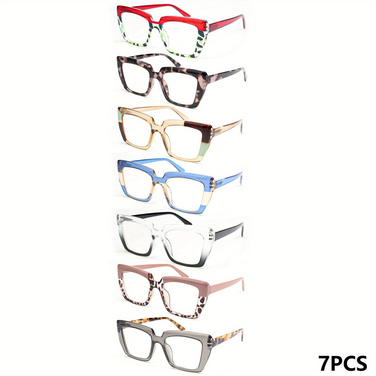 Lot de 7 paires de lunettes de lecture pour femmes avec montures carrées larges – 7 couleurs, correcteurs de presbytie de +1,00 à +4,00, lunettes élégantes pour le travail, la conduite et les soirées, cadeau idéal pour femmes