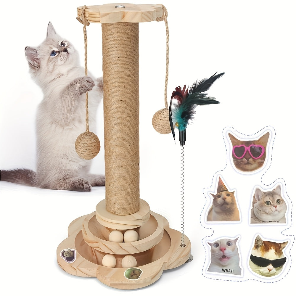 Arbre à chat en bois 5-en-1 avec griffoir pour chats d'intérieur, poteau en sisal, circuit à balles sur 2 niveaux, jouet interactif à plumes et balles suspendues, mobilier pour chatons et chats adultes