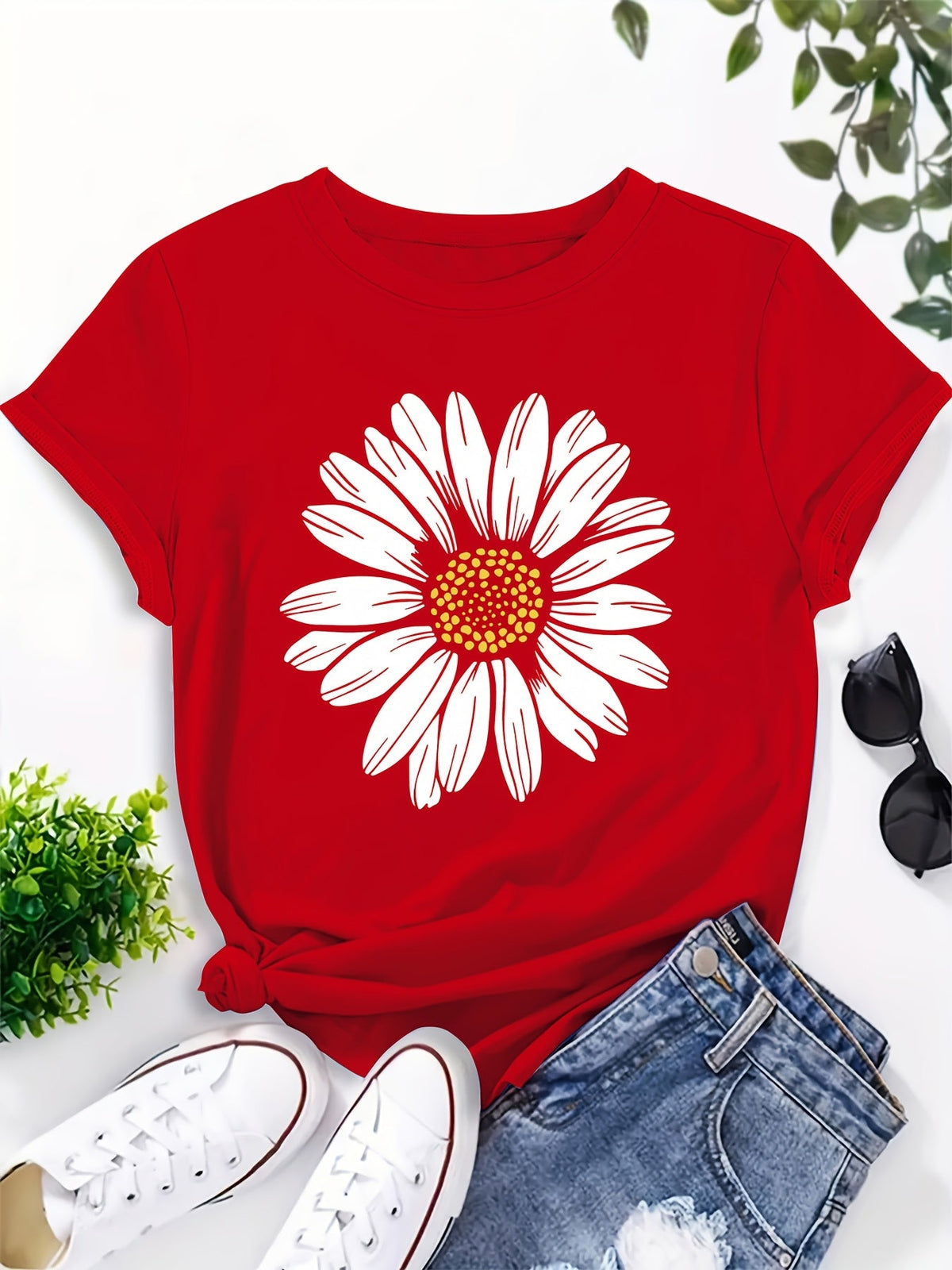 T-shirt à col rond imprimé marguerites pour femme | Hauts d'été décontractés pour femme, t-shirts à manches courtes avec motif floral mignon S M L XL XXL